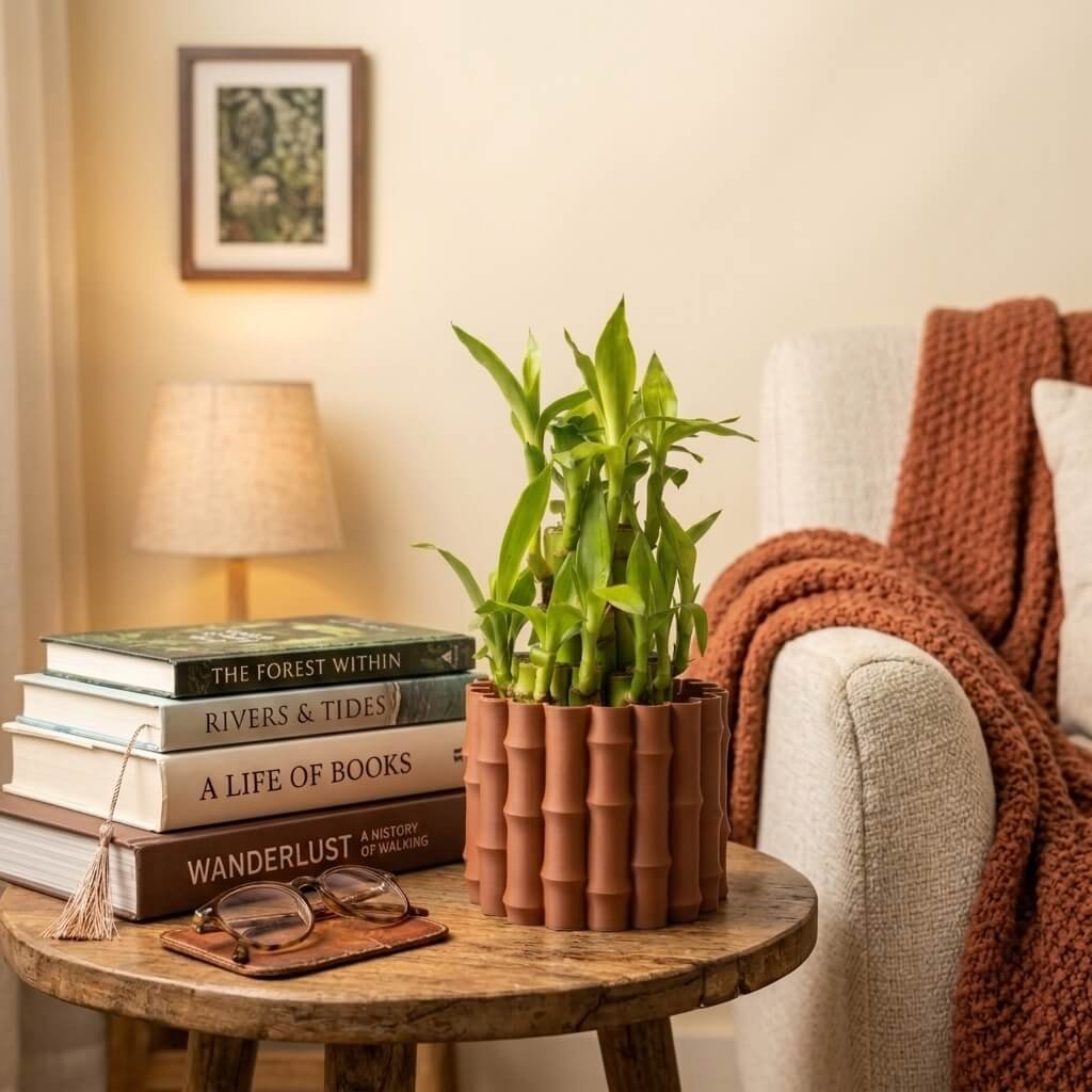 3D karo Lucky bamboo Cluster near books