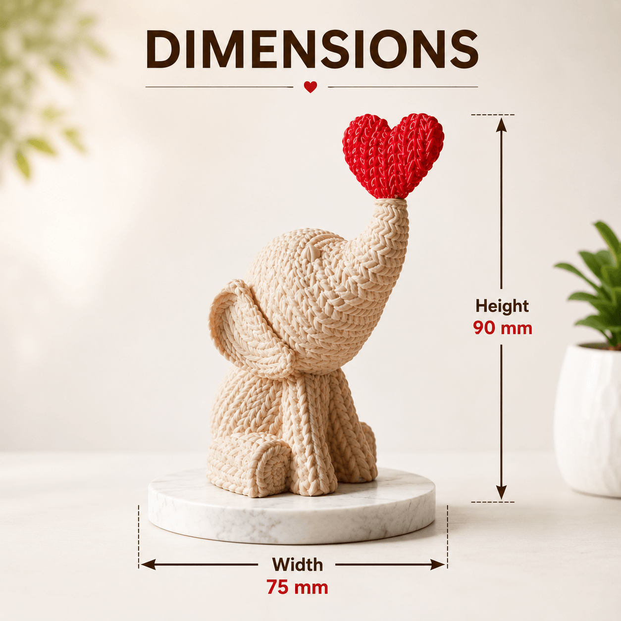 3d karo Knitte Heart Elephant Desk Toy dimensions