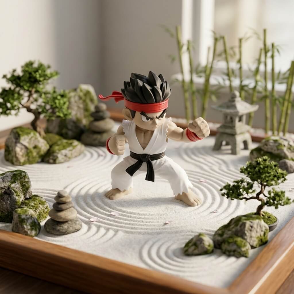 Chibi Street Fighter Warrior Figure on forest
