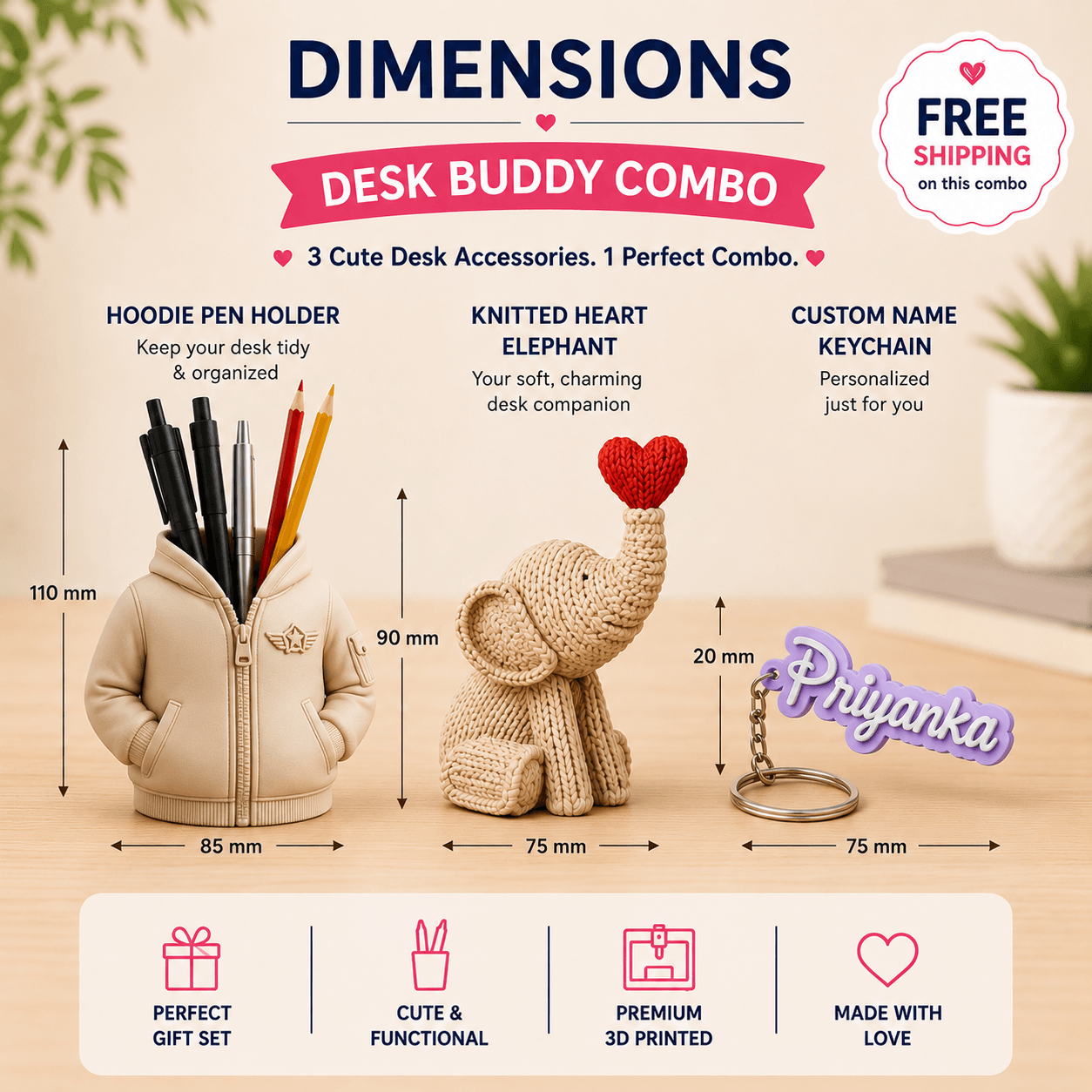 Desk Buddy Combo - Cute Desk Decor Gift Set 3D Karo