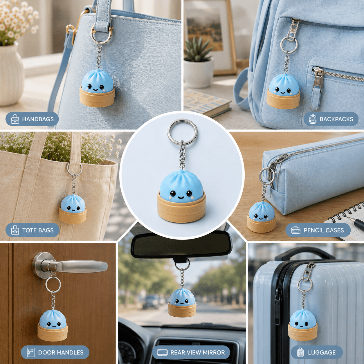 Cute Dumpling Buddy Keychain - Keychain for Car Keys, Bags & for Return Gifting with Light Blue color