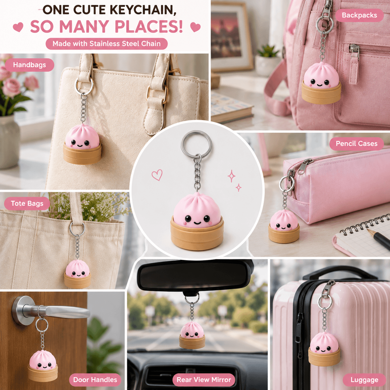 Cute Dumpling Buddy Keychain - Keychain for Car Keys, Bags & for Return Gifting with Light Pink Color