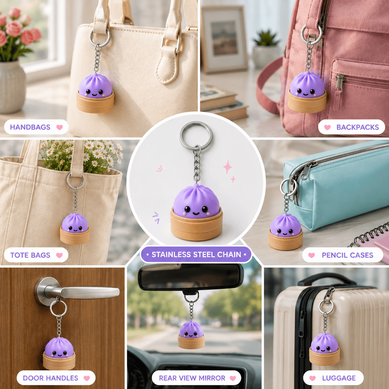 Cute Dumpling Buddy Keychain - Keychain for Car Keys, Bags & for Return Gifting with lavender color