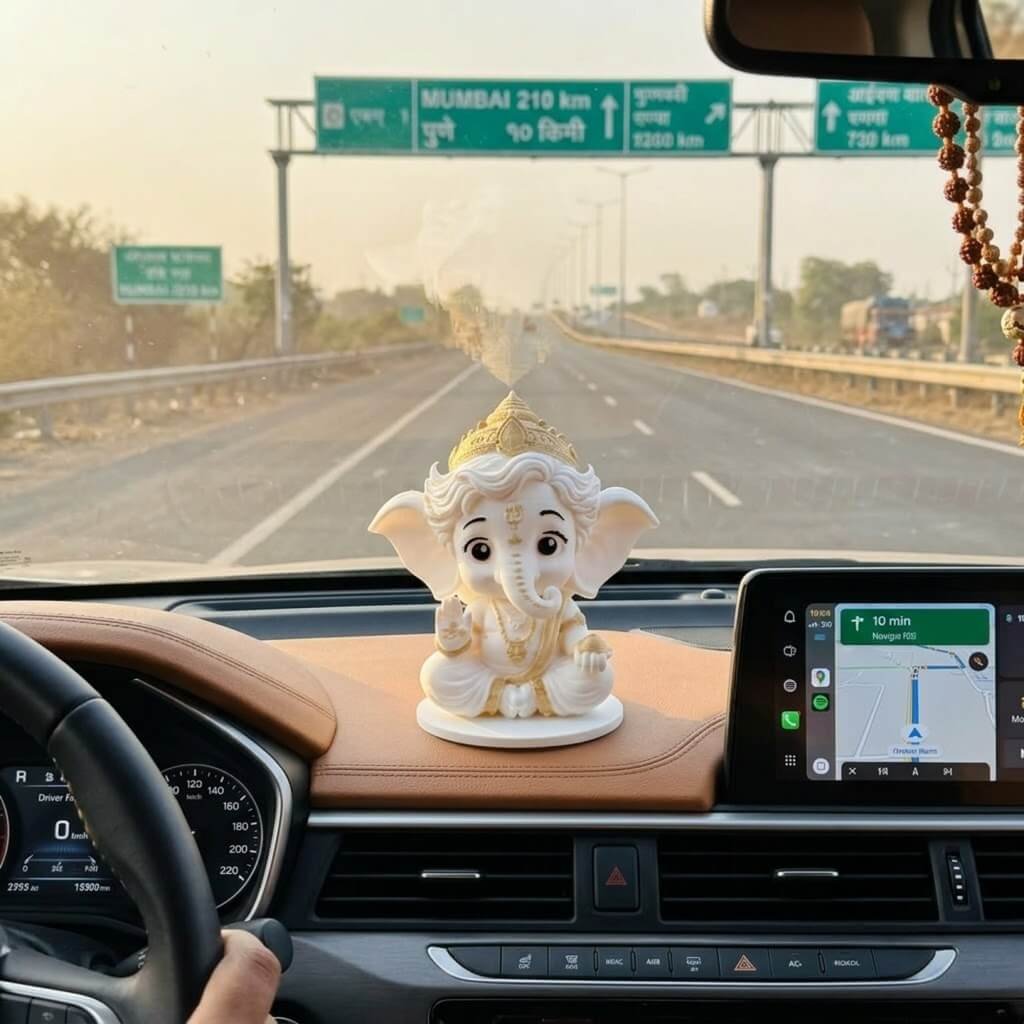 Cute Ganesha Ji 3D Printed Idol Ganpati Decor for Home, Desk & Car - 3dkaro in Car with Highway